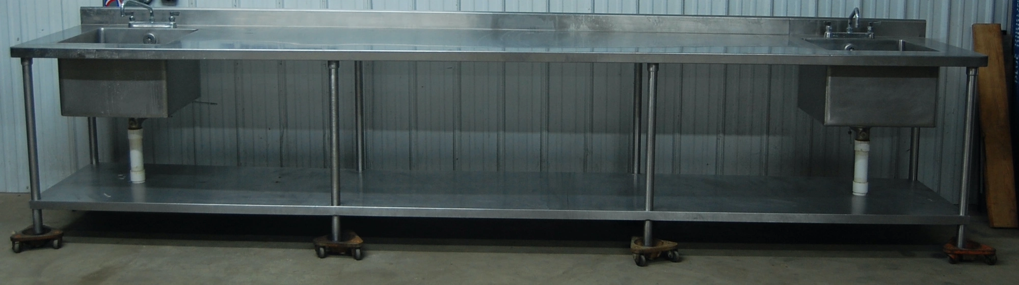 142-0793 14 Foot Stainless Steel Heavy Duty Work Table with Two Bowl Sinks