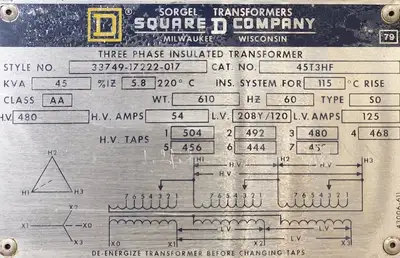 45 KVA - 480D to 208Y/120V 3 Phase Isolation Transformer