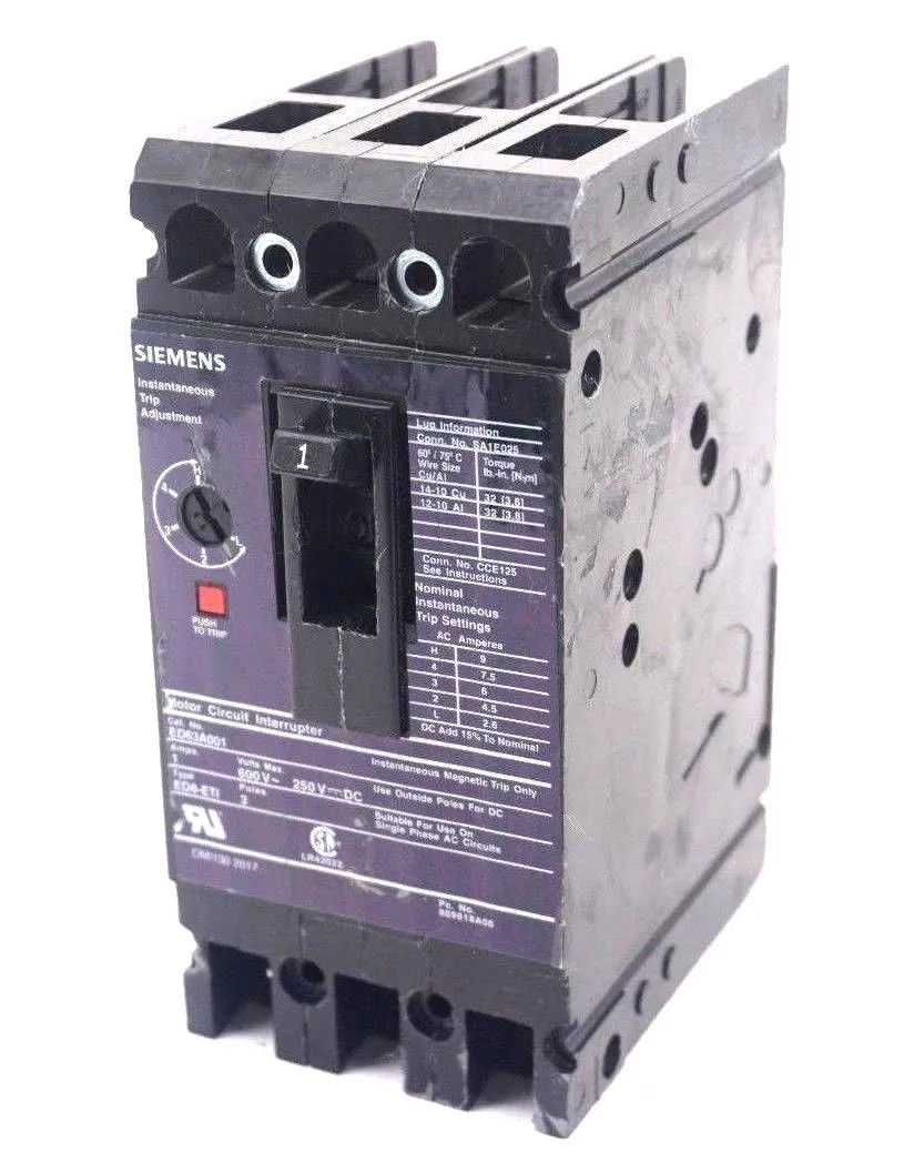 USED SIEMENS ED63A001 CIRCUIT BREAKER 1A 600V