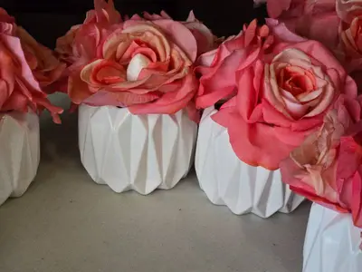 Lot of (6) Silk Faux Rose Boquet Arrangement in White Ceramic Vase (pink)