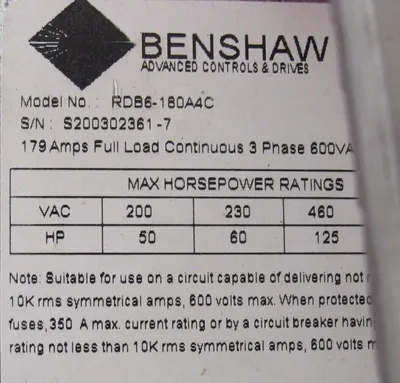 REFURBISHED BENSHAW RDB6-180A4C DRIVE 50/60/125HP 200/230/460V RDB6180A4C