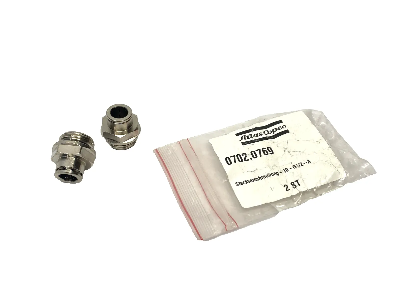 702.0769, 0702.0769, 10-G1/2-A | Atlas Copco 702.0769 Push-in Fitting 1/2" 10-G1/2-A 0702.0769 2-PACK - New