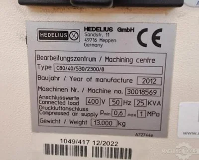 USED 2012 HEDELIUS C80/2300/8