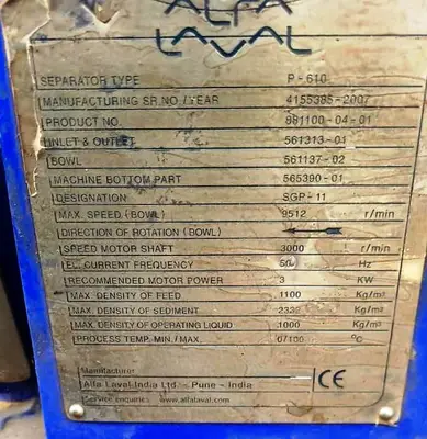 Alfa-Laval P-610 SGP-11 lube oil purifier module, SS.