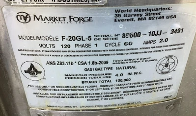 152-0179 Market Forge F-20GL-5 20 Gallon Jacketed Kettle