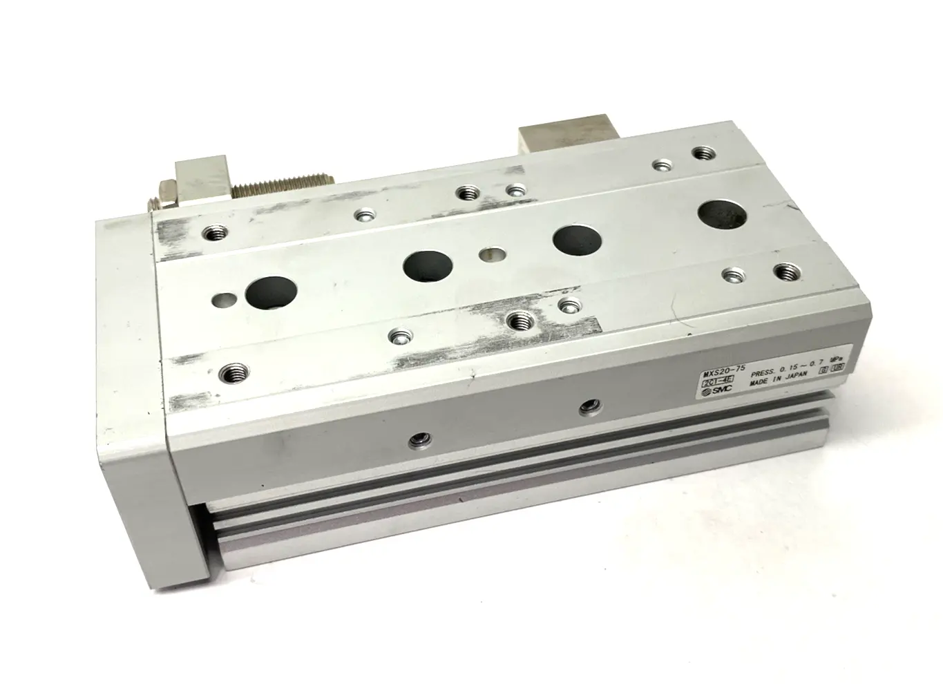 USED SMC GUIDED SLIDE TABLE CYLINDER, 20MM BORE, 75MM STROKE ADJUSTABLE
