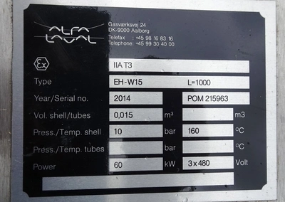 NEW: Alfa-Laval 60 KW heater with control panel.
