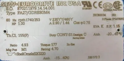 NEW SEW-EURODRIVE FA27/GDRE80M4 GEARMOTOR 4.93:1 230/460V FA27GDRE80M4