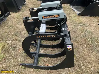 New Tomahawk 72” brush grapple attachment, two hydraulic grapple arms, skid steer quick attach