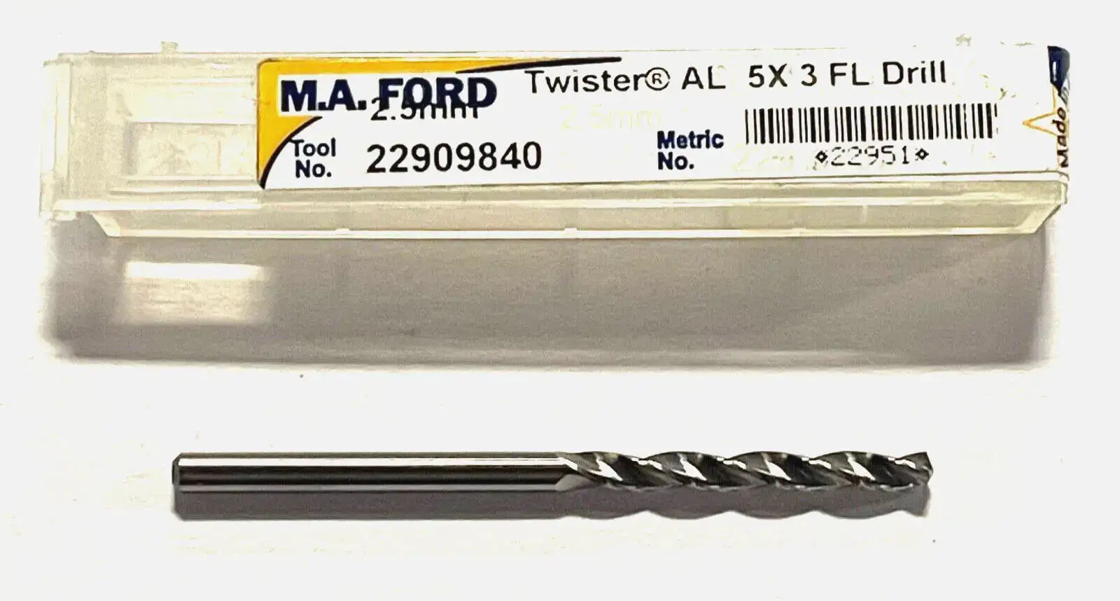 M.A. Ford 2.5mm Solid Carbide Drill 5xD 3 Flute 150° High Performance USA Made