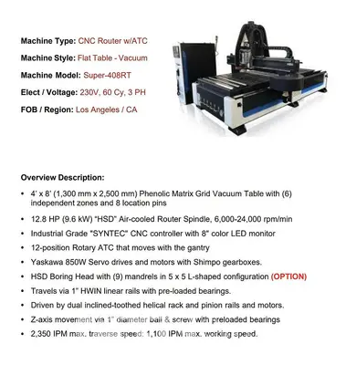 USED CASTALY 4'X8' CNC ROUTER WITH OFFLOADING