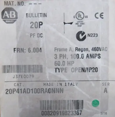 ALLEN BRADLEY 20P41AD100RA0NNN POWERFLEX DRIVE 60HP SER.A FRN 6.004 3PH 460V