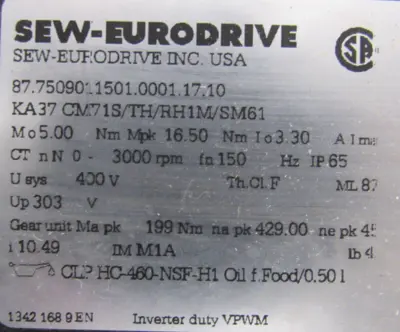 NEW SEW EURODRIVE KA37 CM71S/TH/RH1M/SM61 GEARMOTOR KA37CM71STHRH1MSM61