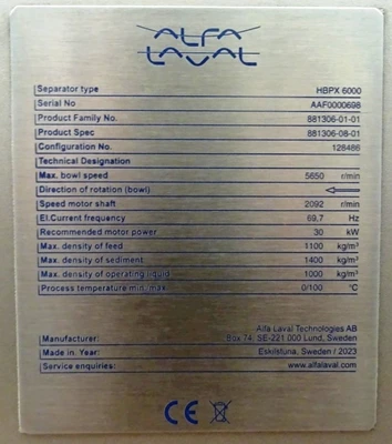 NEW: Alfa-Laval HBPX 6000 blood plasma separator, 316SS.