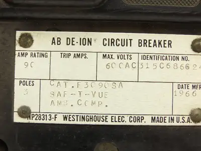 Westinghouse AB DE-ION 3-Pole Circuit Breaker 90A 600V 3PH