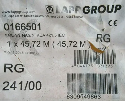 NEW LAPP GROUP 0166501 THERMOCOUPLE CABLE 150FT NiCr/Ni IEC-KCA 4 x 1.5