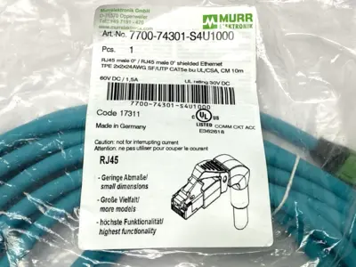 New | in-Stock Murr Elektronik Ethernet Cordset CAT5 RJ45 Male 10m Cable & Wire Michigan US | Maverick Industrial Sales #1391910
