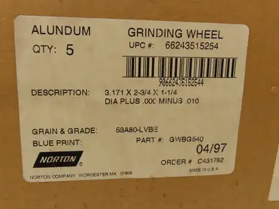 Norton GWBG540 Grinding Wheel Alundum 3.171" X 2-3/4" X 1-1/4" Lot of 10