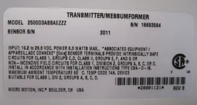 USED Micromotion 2500D3ABBAEZZZ