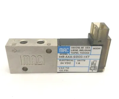 44B-AAA-GDCC-1KT | MAC Valves  Solenoid Operated 4-Way Poppet Valve 24V 10-32 Ports - Used