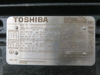 20 hp Toshiba 1770rpm 460v frame 256T , Unused Spare Store Room