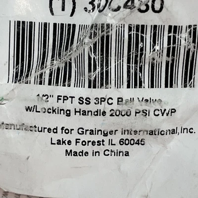 Midwest Control CF8M SS Ball Valve,FPT 1/2" SS 3pc W/Locking Handle New Sealed