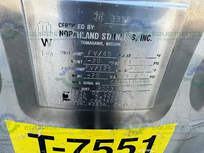 USED NORTHLAND 500 LITER STAINLESS STEEL JACKETED REACTOR FV/ 45 PSI W/ 0.5 HP MIXER