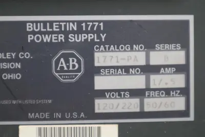 ALLEN BRADLEY 1771-PA/B POWER SUPPLY MODULE SERIES B.  AB STOCK 325-C