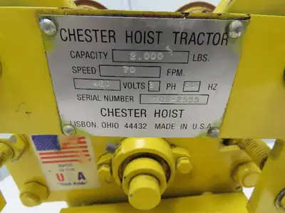 Chester Hoist Tractor 2000 LB 70 FPM 1/2 HP Power Trolley Drive 230/460 V 3 PH