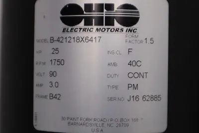 Ohio Electric Motors B-421218X6417 90V 1750 RPM FRAME B42 Form Factor 1.5 #H886