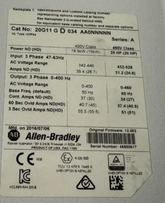 USED 20G11GD034AA0NNNNN POWERFLEX 755 SER. A 25HP