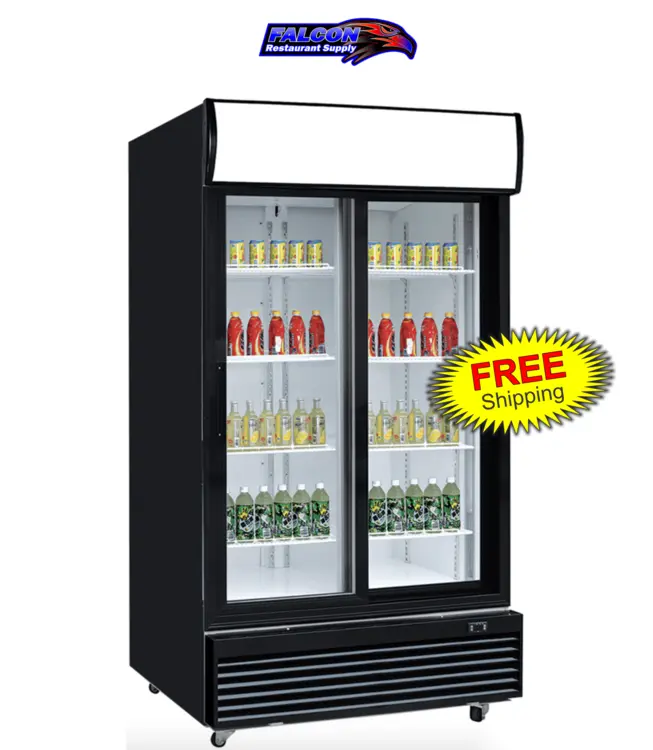 New | in-Stock Dukers New Dukers DSM-32SR Commercial Glass Sliding 2-Door Merchandising Reach-in Cooler Refrigerator Display Refrigerators Illinois US | Falcon Restaurant Supply #1376367