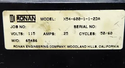 Ronan X54-600-1-1-2DA Power Supply 115V .25A 50/60 Hz Used