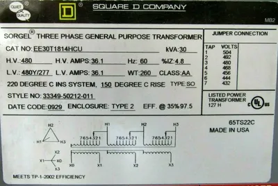 NEW SQUARE D EE30T1814HCU TRANSFORMER H-480 L-277V 30 KVA