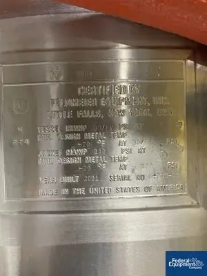 USED Feldmeier 100 Gal Feldmeier Reactor, 316L S/S, 30/140#