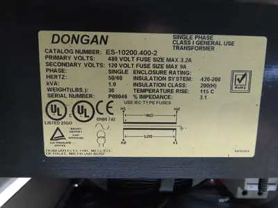 Dongan TDL-200 Enclosed Transformer Disconnect 1KVA 480V Pri 120V Sec 1PH