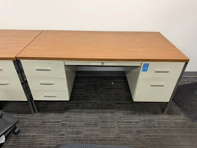 Lot including (1) 60" width x 29" height x 30" depth steel framed desk with 2 drawers (1 is a file d...