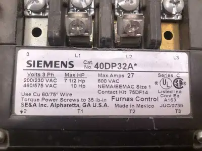 Siemens Furnas 40DP32A Series C Size 1 Magnetic Motor Starter 27A 600V w/ Relay