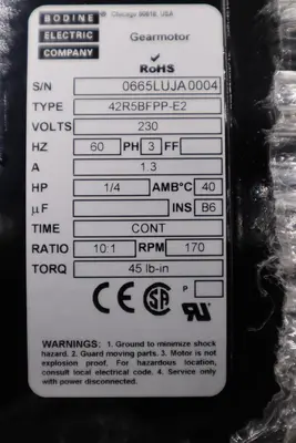 Bodine gear motor 45R5BFPP-E2 230V 3PH 1/4HP 10:1 170 RPM NEW UNIT STOCK H828