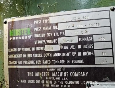 Used 1970 MINSTER E2-600-96-42 HEVI-STAMPER Straight Side Presses Michigan US | S & G Press and Machinery Sales #1352452