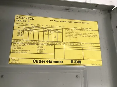 Eaton Cutler Hammer DH322FGK 60 Amp Heavy Duty Safety Switch Disconnect