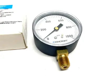 USED ASHCROFT PRESSURE GAUGE 2-1/2" BRASS 0-1000PSI 1/4" NPT