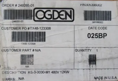 NEW OGDEN KS-3-0030-M1 IMMERSION HEATER 480V 12KW 156305396002 KS30030M1