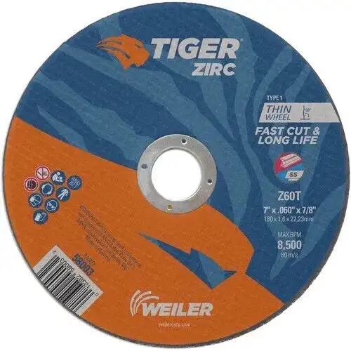 Weiler TIGER 7" Cut-Off Wheels 7/8" Arbor .060" Thickness 60 Grit Zirconia 5pk