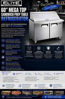 Elite Stainless Steel 2 Door 60" Sandwich Prep Table on Castors