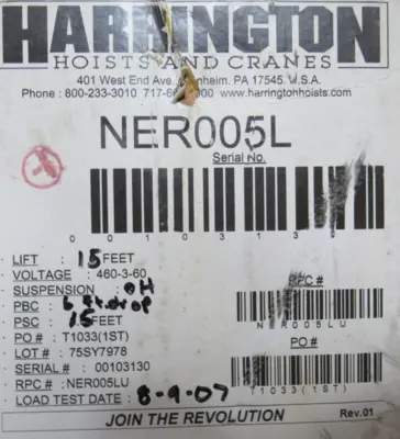 NEW HARRINGTON NER005L HOIST 1/2 TON 208-230/460V 15FT