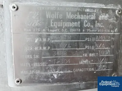 USED Wolfe Mechanical 360 Gal Wolfe Mechanical Mix Tank, 304 S/S, 3 HP
