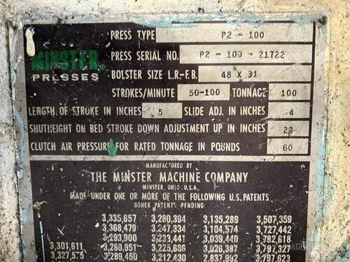 Used MINSTER P2-100-48 HIGHSPEED PRESS Straight Side Presses Michigan US | S & G Press and Machinery Sales #76911