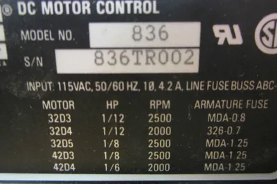 USED BODINE ELECTRIC 836 MOTOR CONTROL TYPE FPM