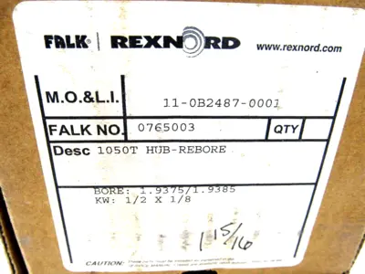 NEW FALK REXNORD 1050T HUB-REBORE 0765003 BORE 1.9375/1.9385 KW: 1/2 X 1/8